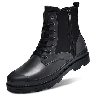 男圆头头层牛皮休闲男式 雪地靴侧拉链透气低跟雪地靴男鞋