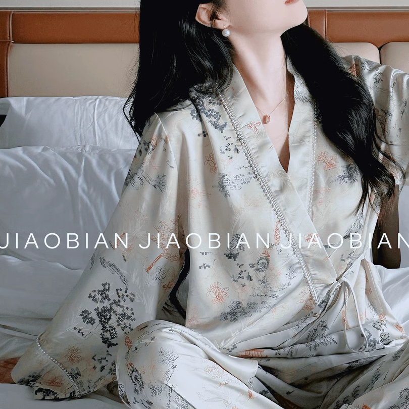 2024新高级感冰丝绸缎面睡衣女新中式系带复古家居服国风和服套装