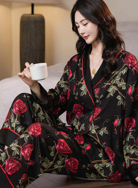 芬达2025年新款黑金玫瑰高档春秋睡衣女士复古风优雅高级感家居服