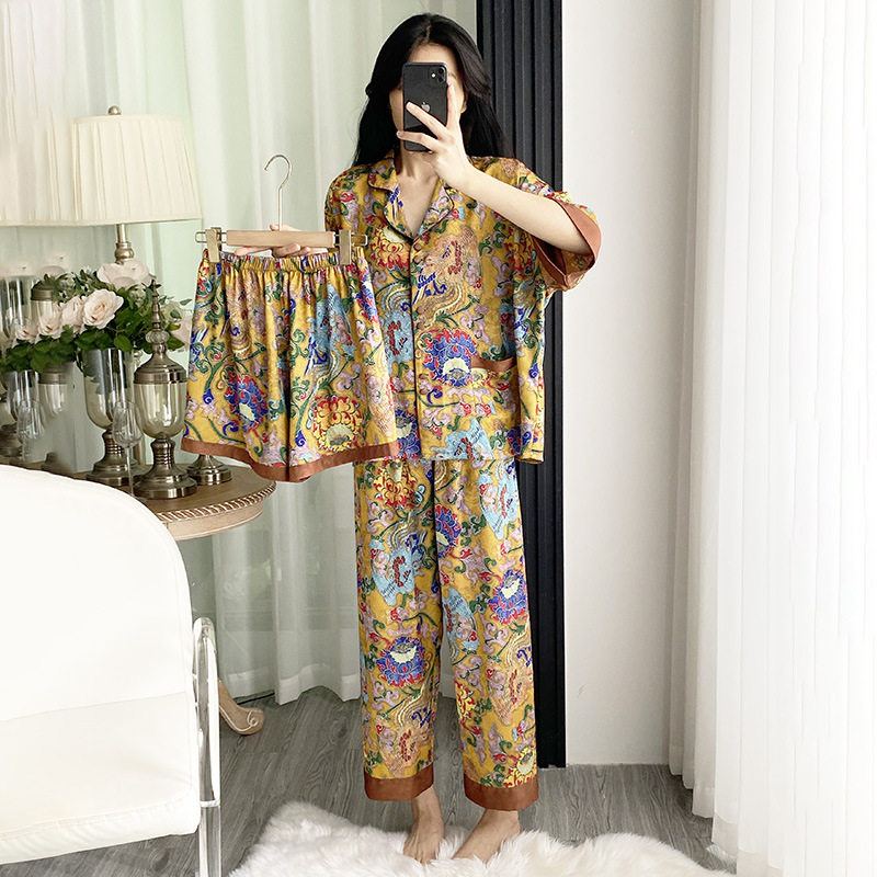 2025新款欧根纱睡衣女士短袖长裤提花双面印三件套家居服可外穿