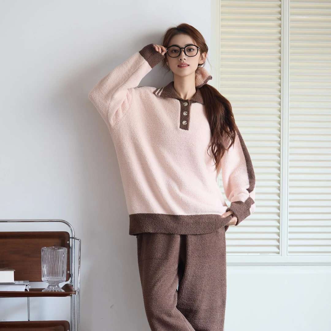 达芬奇密码秋冬新款拼序polo衫睡衣女款半边绒加厚保暖家居服套装