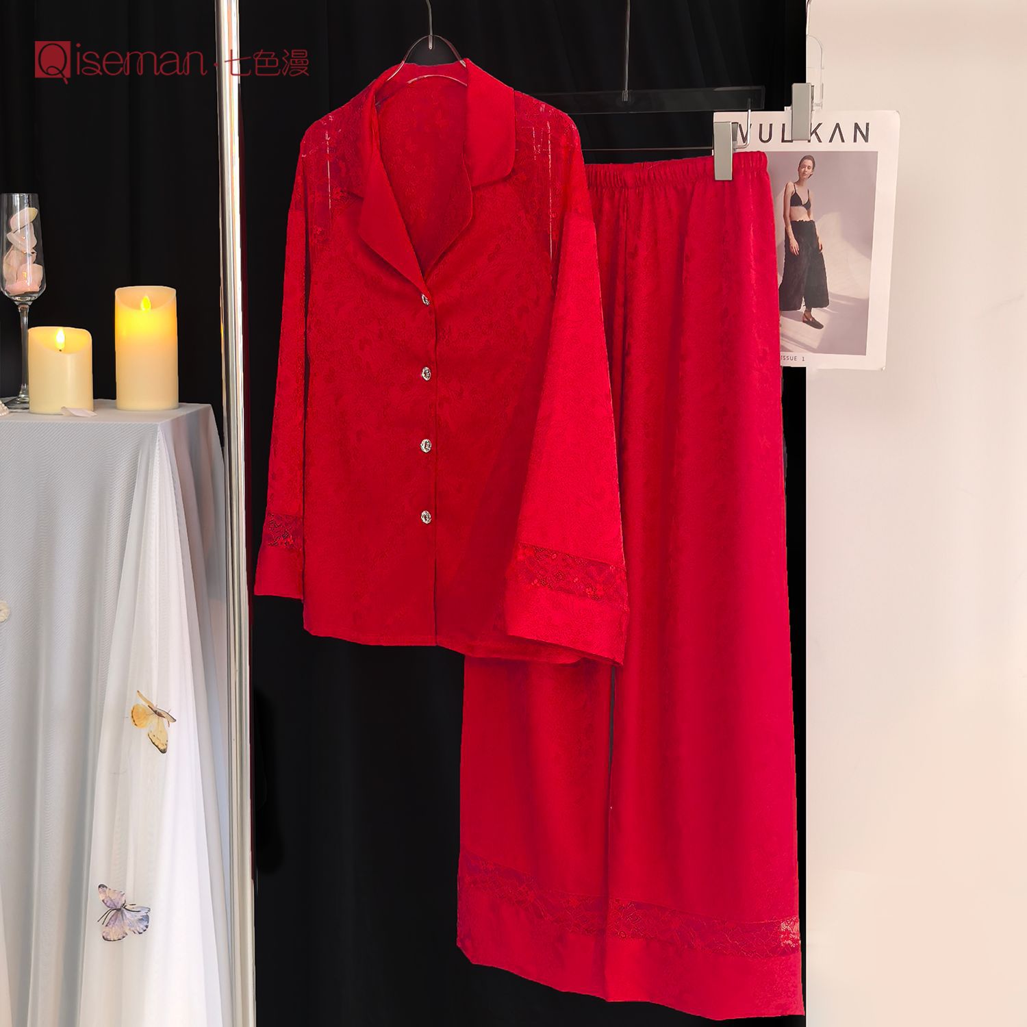本命年性感睡衣女红色冰丝绸高级感蕾丝纯欲家居服马年新婚居家服