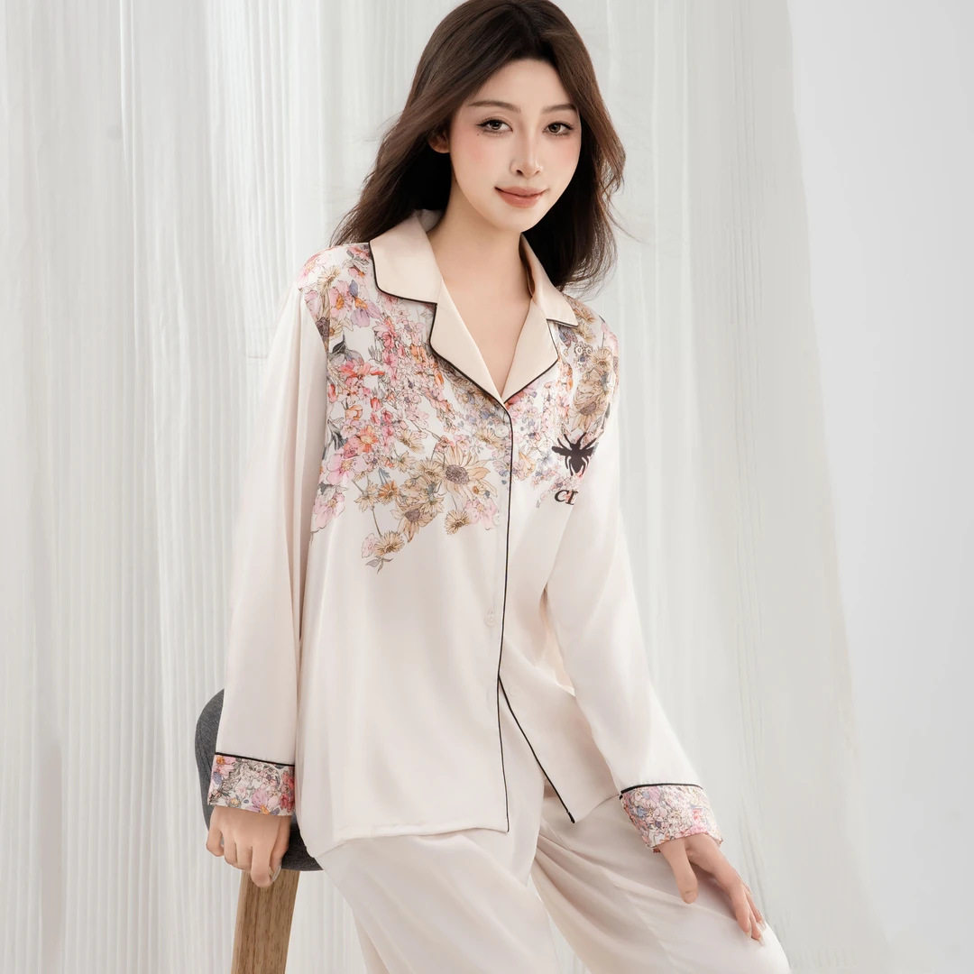 上海故事夏季冰丝睡衣女宽松薄款群花缀蜂家居服高级可外穿套装