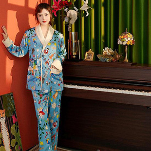 睡衣女秋冬法式高级感冰丝加绒家居服加厚可外穿复古风系带居家服