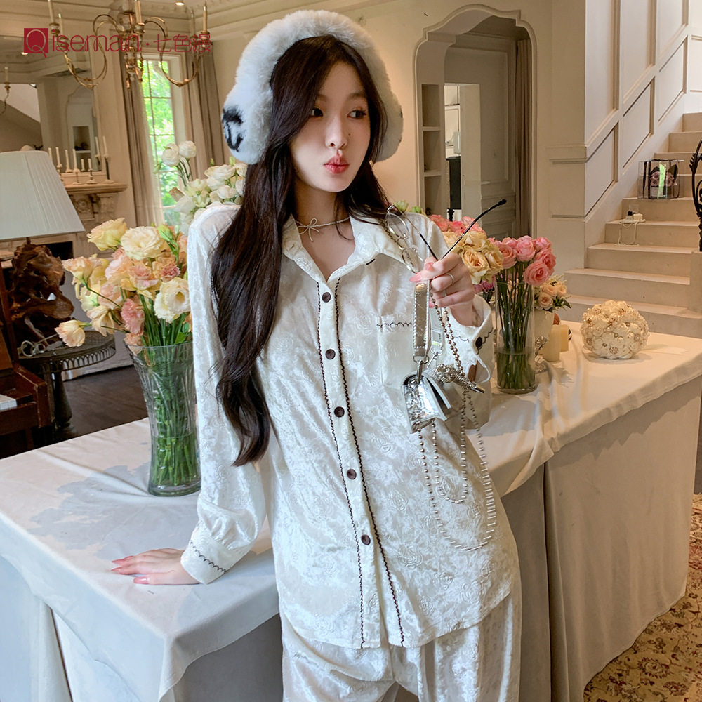 金丝绒睡衣女款春秋薄绒高级感衬衫领金钻绒保暖时尚加厚家居服女