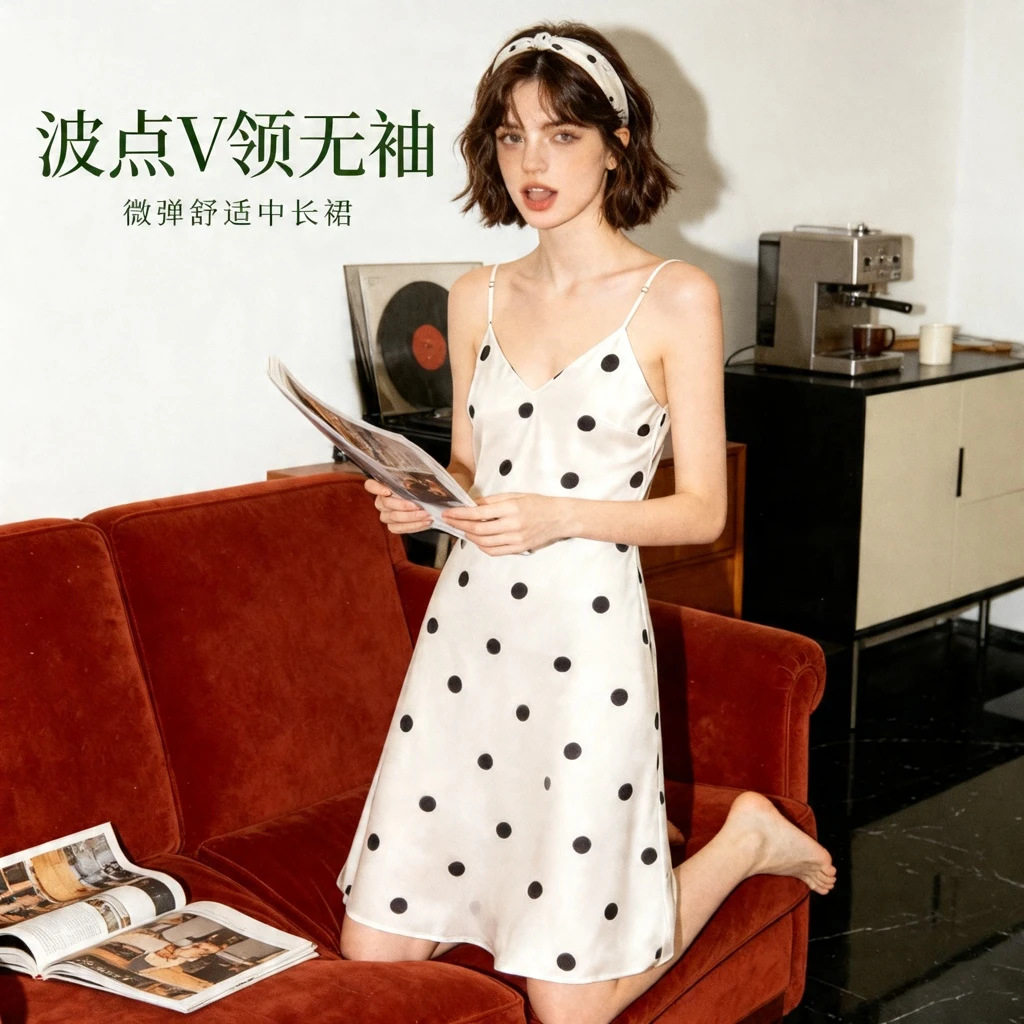 高级感吊带夏季性感波点柔光冰丝吊带睡裙女带胸垫高级感女睡衣裙
