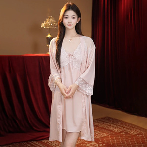 西西里纯欲款性感睡裙2025夏季新款蕾丝蝴蝶结袍吊两件套女士晨袍
