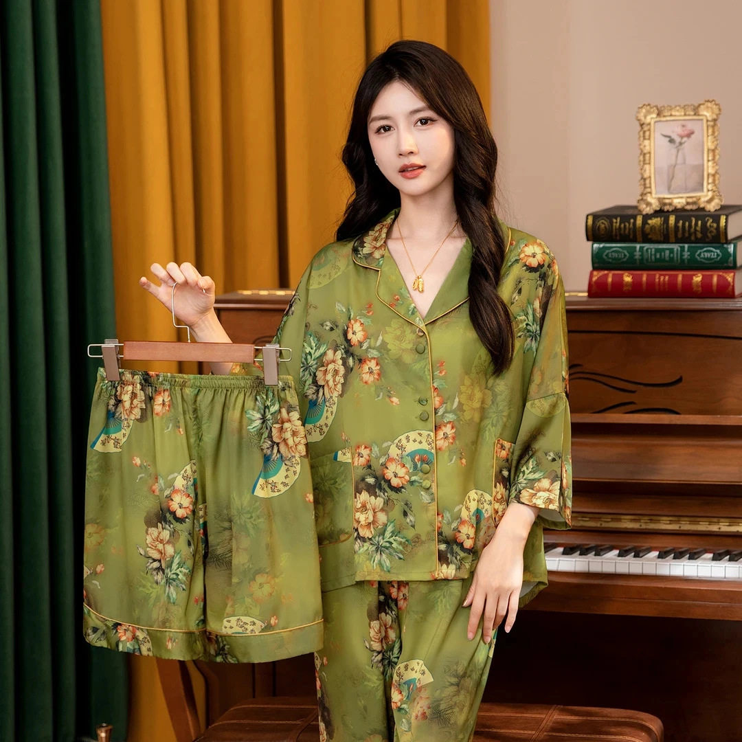 高级感气质绿真丝绸短袖三件套睡衣女2026春夏薄款蝙蝠袖家居服女