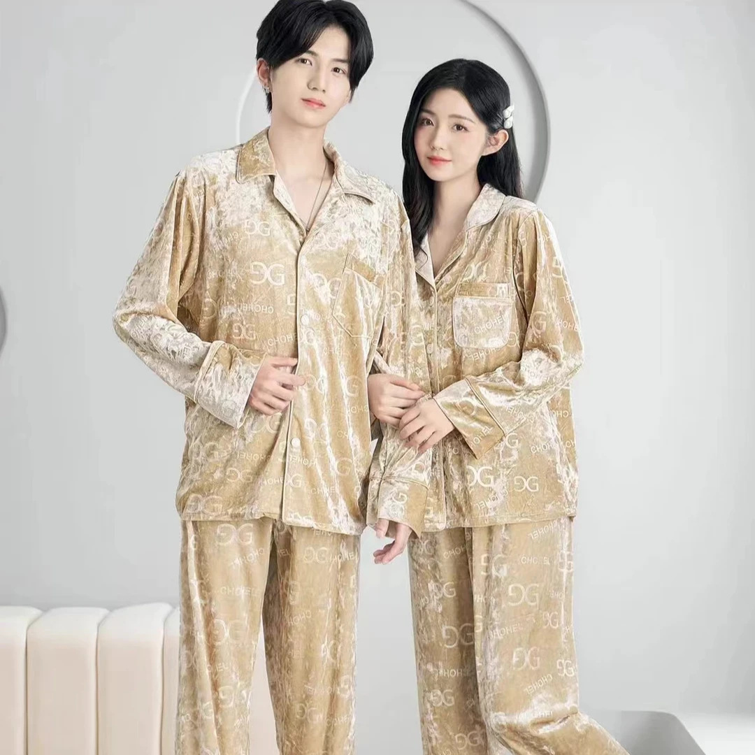 达芬奇密码秋季新款睡衣情侣金钻绒长袖长裤字母双G宽松男士套装
