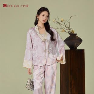 春夏新高级感优雅复古风冰丝绸睡衣女新中式汉服吊带三件套家居服