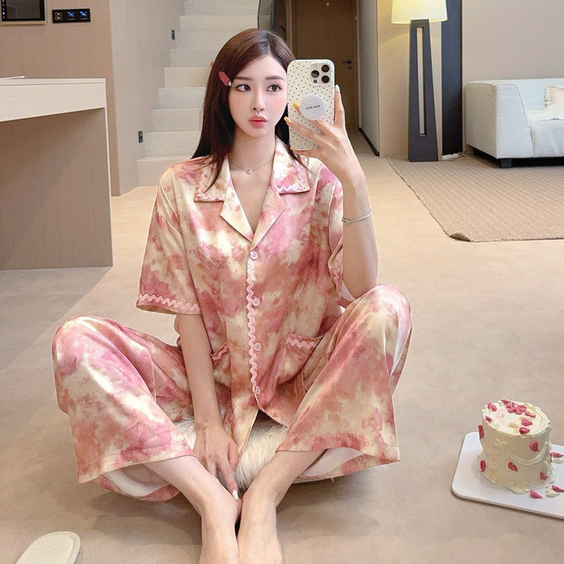 甜茶扎染短袖长裤睡衣女冰丝绸缎高级感复古风粉色花卉短裤家居服