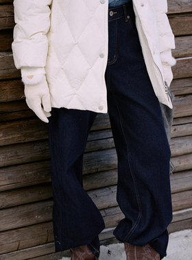 Jicouture“Demin系列”原色加绒牛仔阔腿裤女冬季长款直筒拖地裤