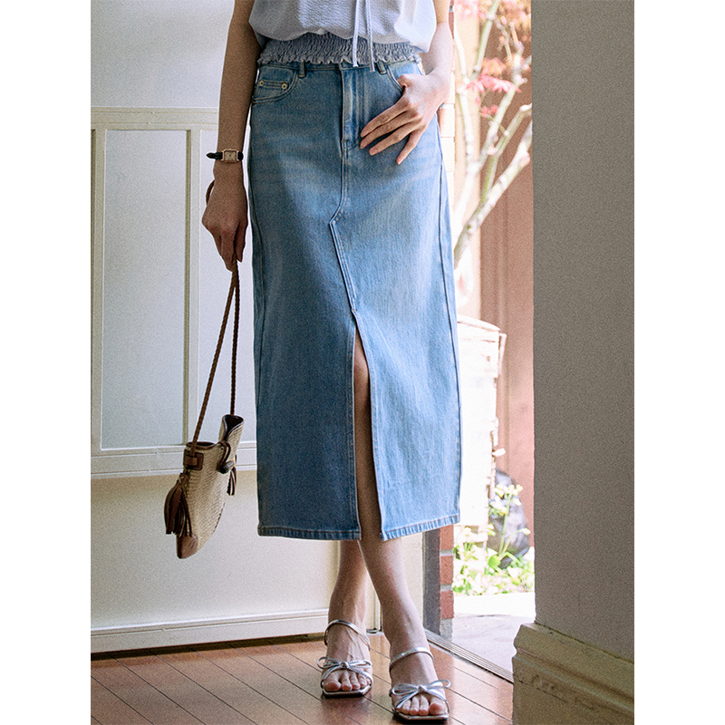 Jicouture“Denim”系列直筒前开衩牛仔半裙女夏季显瘦设计感裙子