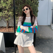 上衣长袖 条纹防晒衣女款 宽松冰丝T恤 针织罩衫 韩版 夏季 2024年薄款