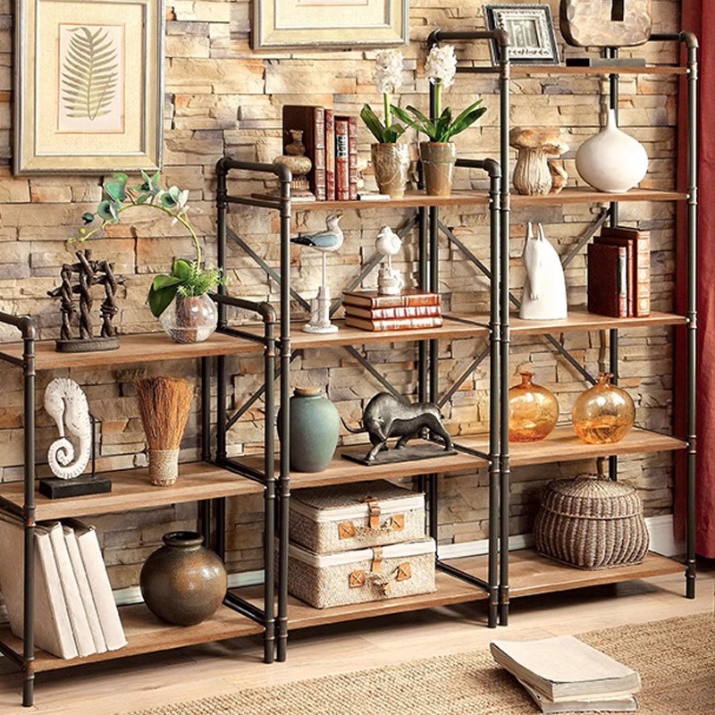 北欧书架水管置物架落地客厅简约铁艺花架实木板收纳美式复古架子