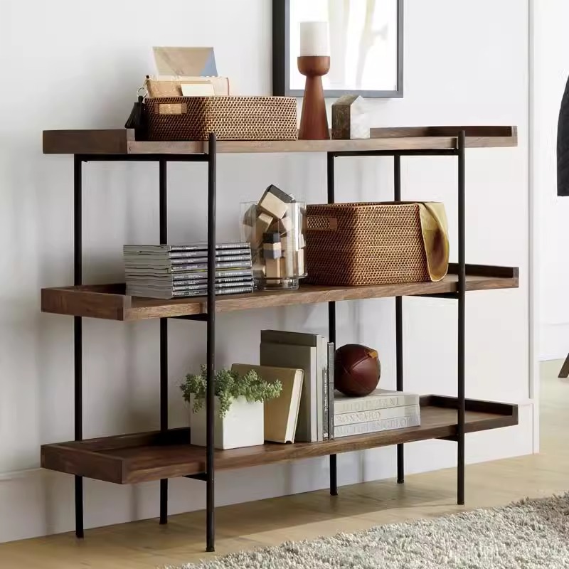 简约现代铁艺实木书架落地搁板置物架餐边柜家用陈列架收纳展示架
