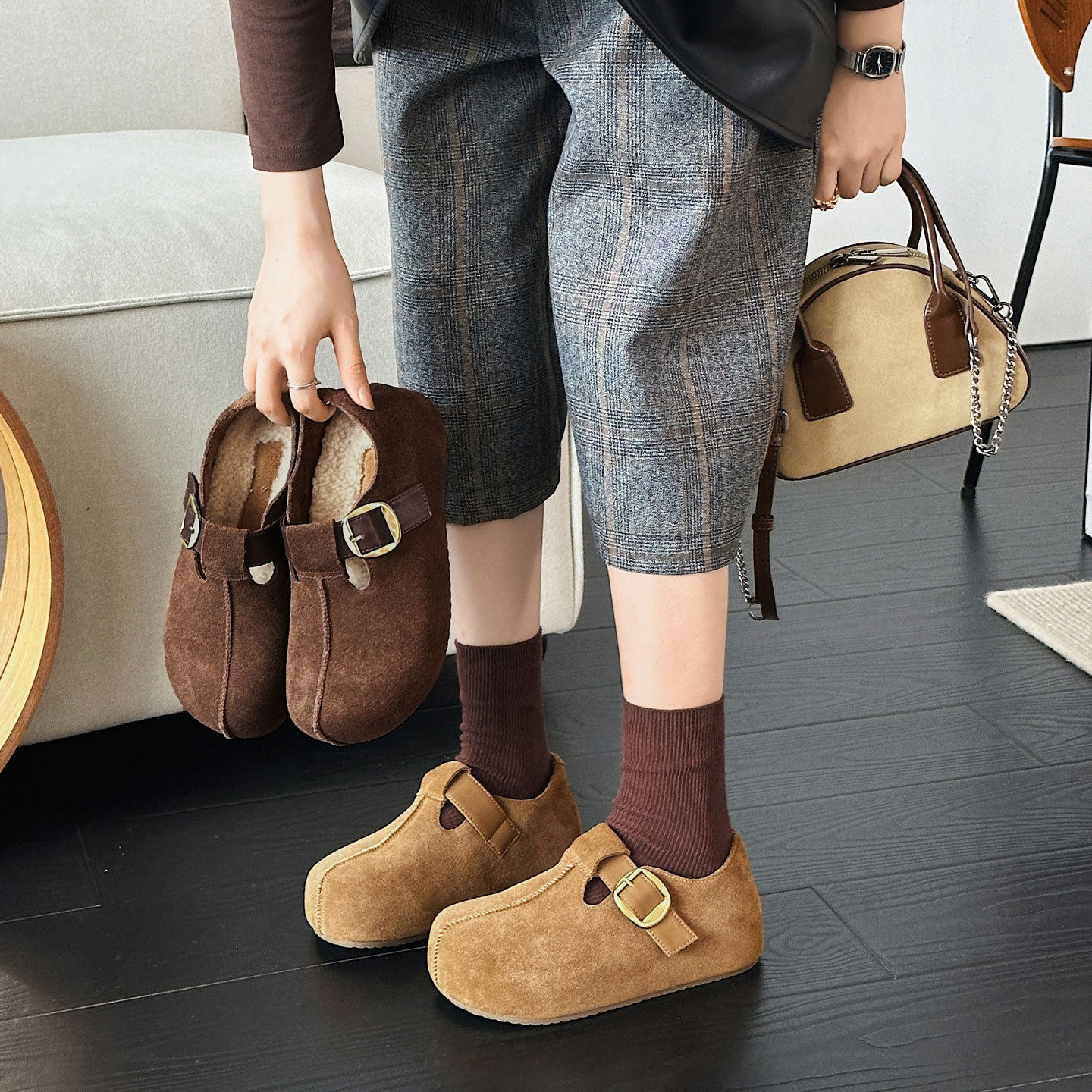 内增高全包勃肯鞋女2025秋冬新款百搭加绒羊毛单鞋丑萌真皮豆豆鞋,运动鞋new,运动休闲鞋,淘宝优惠券,粉丝福利购,淘宝优惠卷