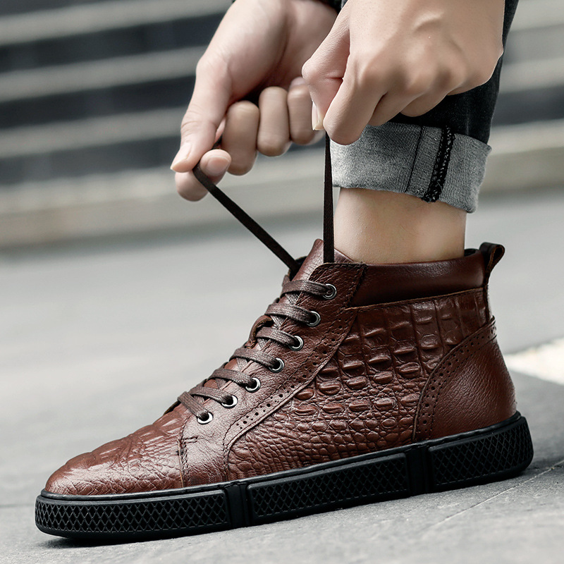 1148男鞋高帮板鞋秋冬真皮压花鳄鱼纹牛皮面时尚休闲鞋短靴棉鞋潮