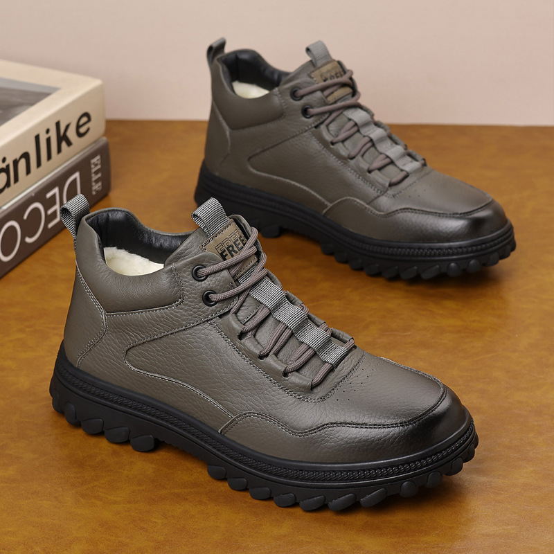 头层牛皮冬季羊毛男式棉鞋真皮加绒保暖休闲男款男鞋加厚大码靴子