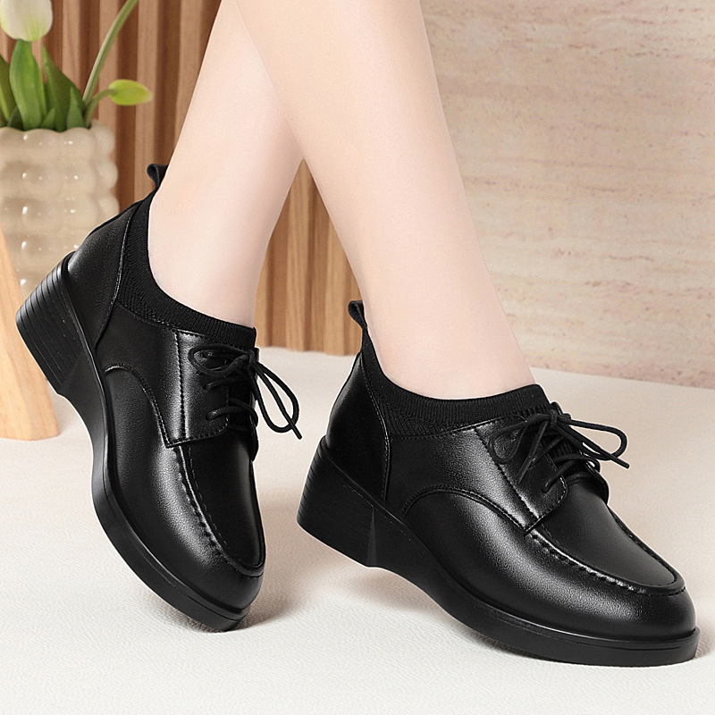 复古绑带粗跟单鞋女针织深口中跟鞋里外皮春秋小皮鞋头层羊皮女鞋