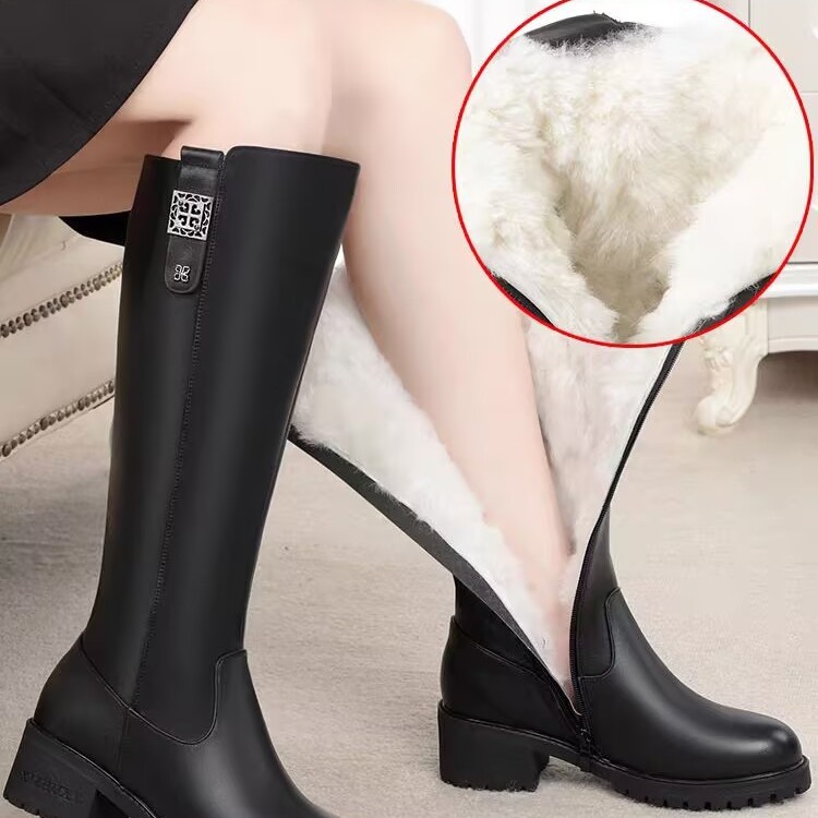 2025真皮欧洲站头层牛皮长筒靴女冬季加绒厚底高筒骑士靴加绒保暖