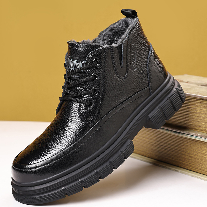 跨境头层棉鞋男2025冬季新款百搭休闲羊毛高帮加绒男士真皮雪地靴