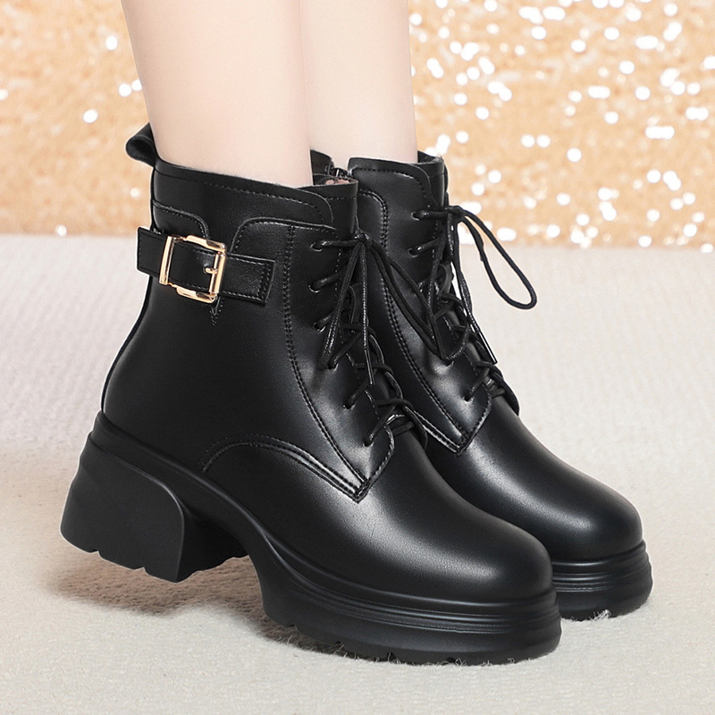 一件代发系带厚底高跟棉靴子英伦风马丁靴女秋冬皮鞋加绒粗跟短靴