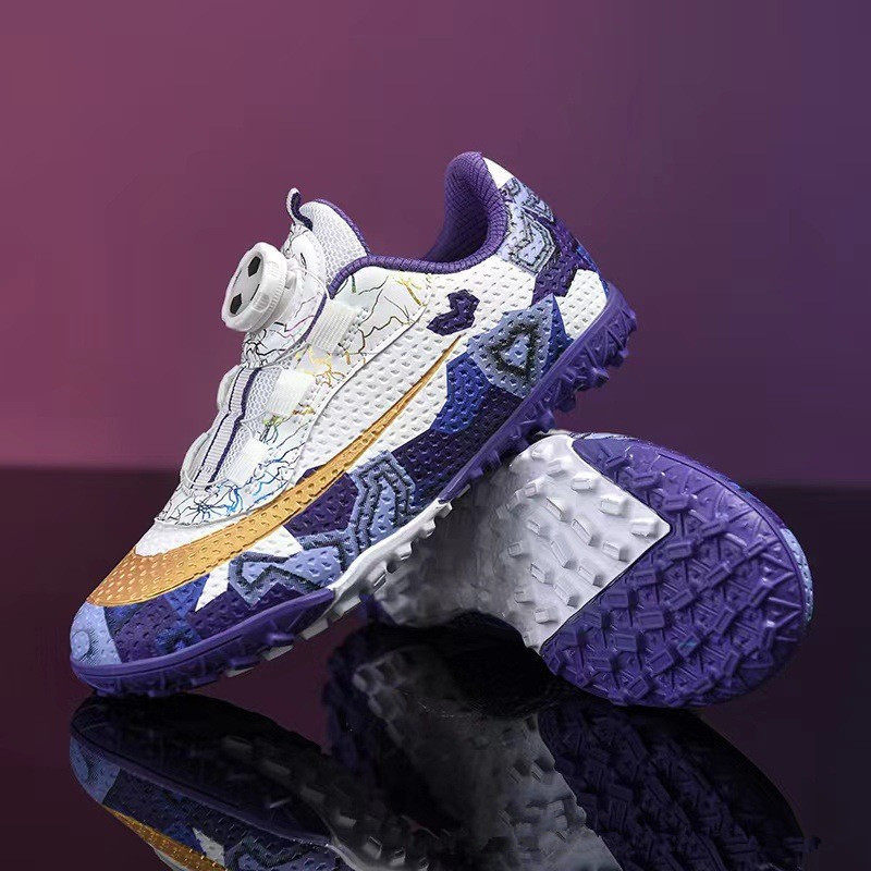 跨境男童足球鞋碎钉儿童训练旋转钮扣免系带女孩小学生室内运动鞋