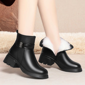 软底粗跟中年妈妈东北大棉鞋 软皮短靴女冬季 加绒加厚羊毛女鞋 防滑