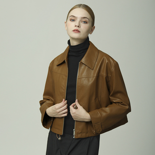 新款 小个子美式 2023秋冬季 原创设计棕色皮衣外套女短款 机车皮夹克