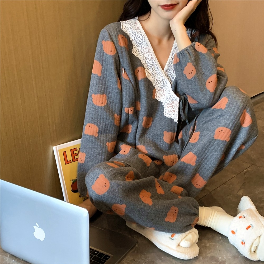 小熊月子服春秋纯棉产后哺乳喂奶睡衣11月份冬季待产孕妇家居服12