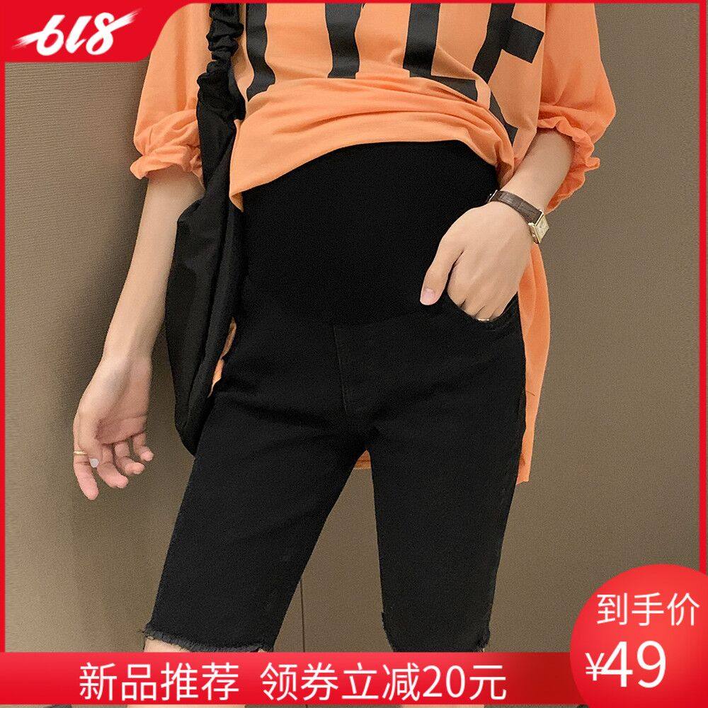 网红夏季孕妇短裤外穿五分裤薄款骑行裤子黑色弹力孕妇牛仔裤中裤
