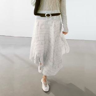 MassimoDutti 2025艺术系设计感垂感格纹中长半身裙 05206865251