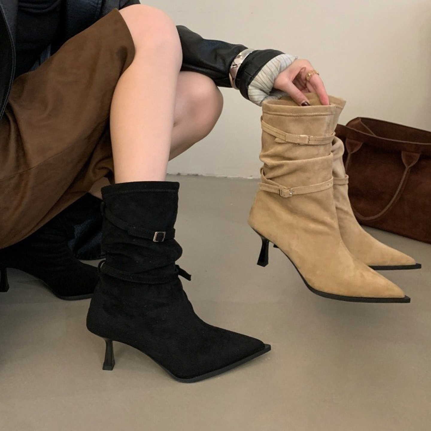 法式复古绒面尖头短靴女高跟细跟