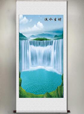 绢布实木流水生财卷轴挂画定制