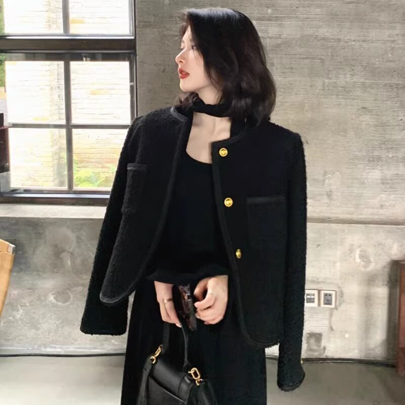 黑色粗花高腰西装小香风外套女春秋气质感黑色法式小个子上衣