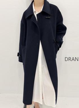 DRAN-800722韩版宽松牛角扣娃娃领手缝双面羊毛大衣中长款外套