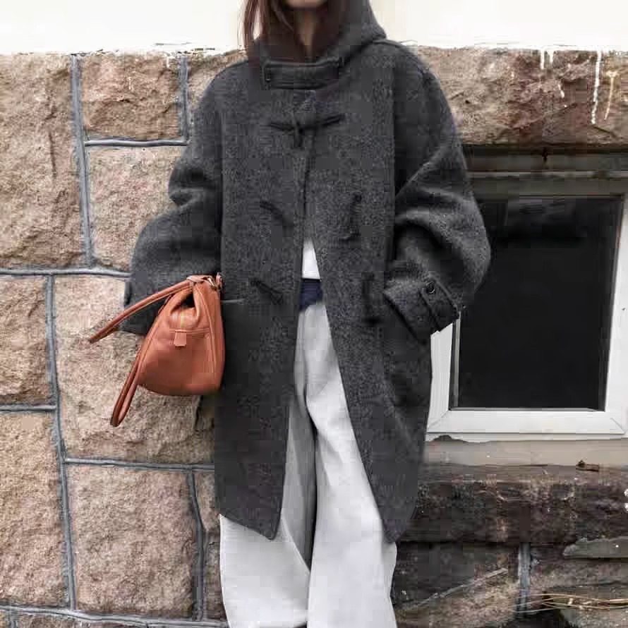 韩国东大门秋冬新款连帽圈圈呢牛角扣韩版大衣