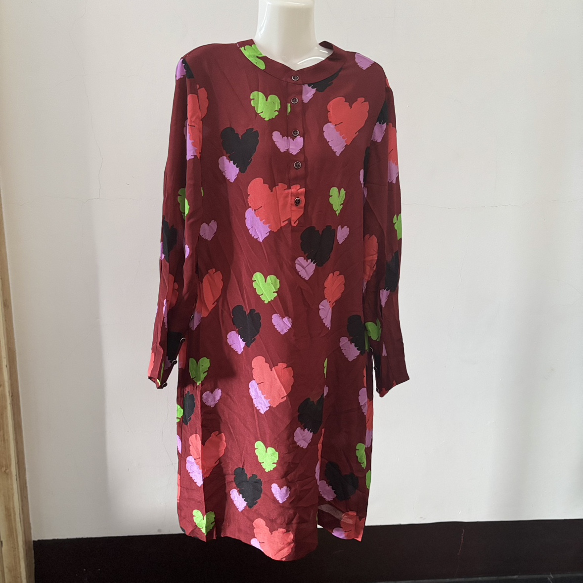 真丝印花双绉口袋连衣裙九分袖女