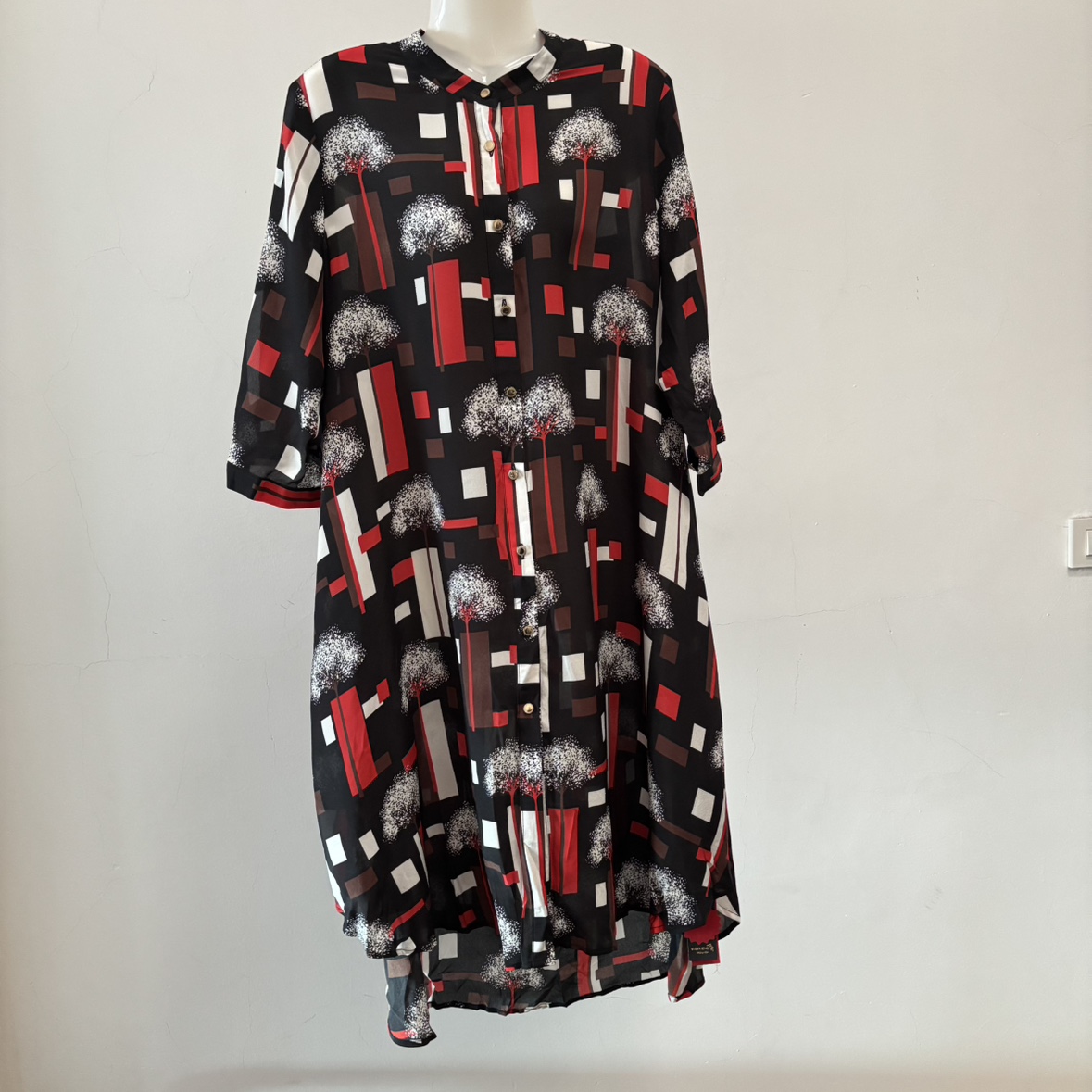 真丝双绉雪花树长款衬衫女100%桑蚕丝五分袖薄款透气舒适连衣裙