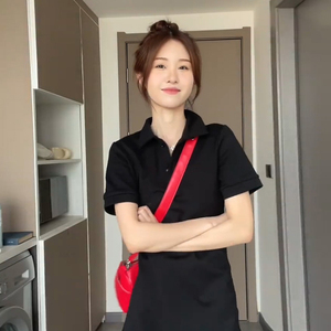 黑色短袖衬衫polo开叉连衣裙子女夏季新款法式浪漫超火小黑裙长裙