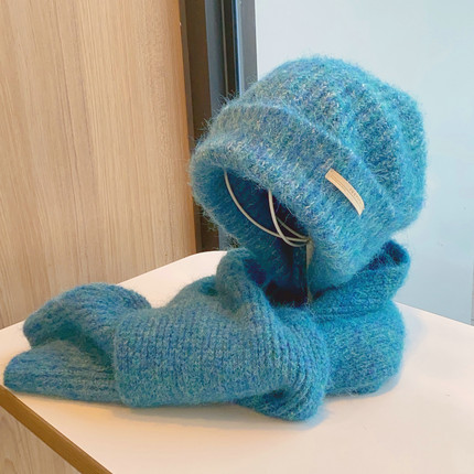 帽范 毛毛感秋冬慵懒休闲保暖毛线帽子围巾两件套大版宽松针织帽