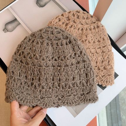 帽范 复古双层镂空钩花手工包头帽秋冬百搭纯色优雅保暖毛线帽女