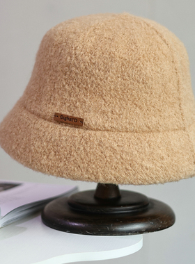 帽范 100羊毛~加厚羊羔绒秋冬保暖盆帽女休闲英文皮标百搭渔夫帽