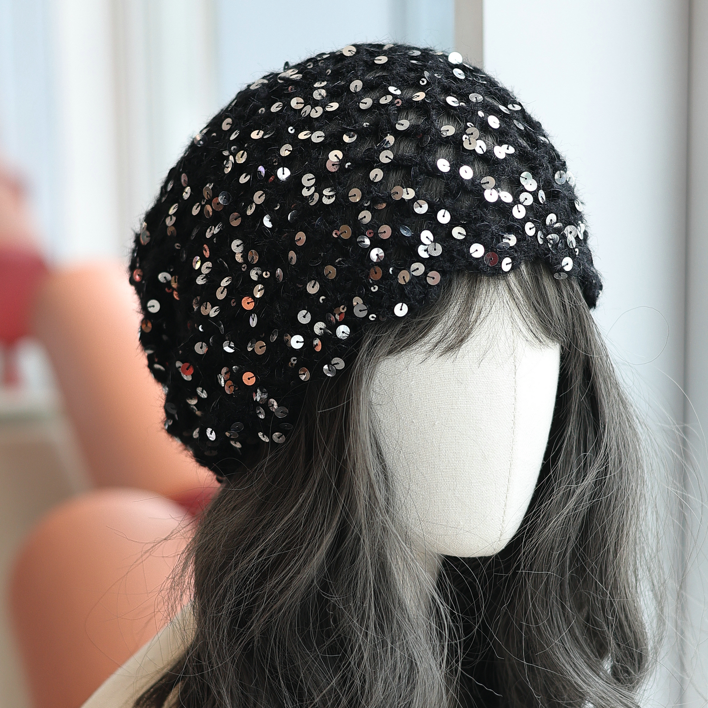 甜酷风时髦亮片镂空钩织堆堆帽女