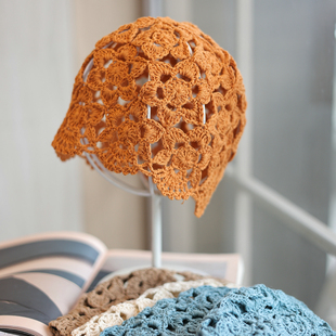 帽范 棉麻线~甜美复古手工花朵镂空包头帽春夏透气优雅轻薄针织帽