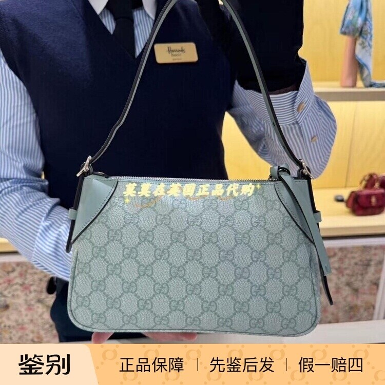 英国代购Gucci古驰 95折新款时尚 绿色老花EMBLEM小号单肩斜跨包