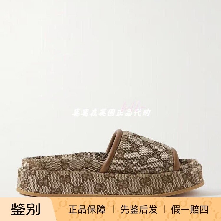 英国代购Gucci古驰 9折时尚气质 皮革边饰帆布提花厚底一字拖鞋