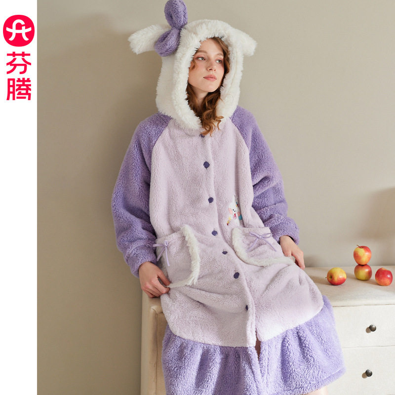 芬腾【萌趣兔耳朵】布朗熊睡袍珊瑚绒睡衣女秋冬季可爱休闲家居服