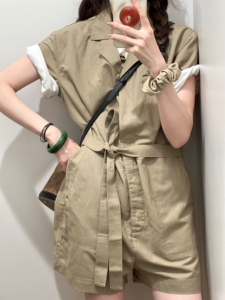 日单U家女装麻混纺连体衣短裤短袖显瘦高腰附口袋23春夏455670
